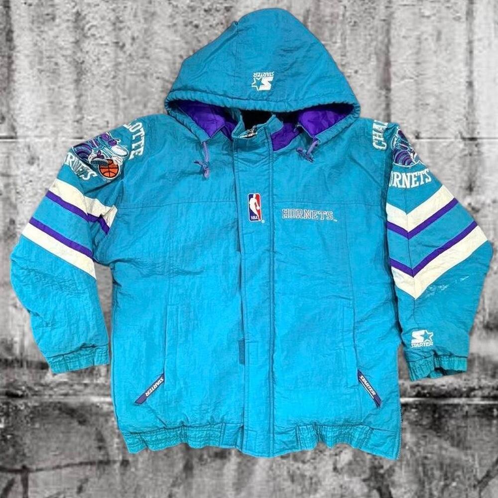 Vintage 90s Charlotte Hornets Starter Jacket Teal Purple NBA Hooded Size M